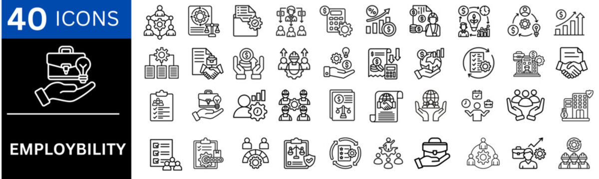 Employability icons set. representing workforce, work, jobs, contracts, project management, workers rights, workplace policy, hiring, payroll and employment. vector illustration