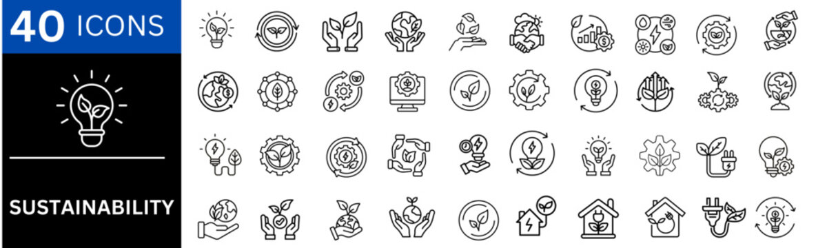 sustainability line icon set. Includes icons for carbon , sustainable energy, climate action, green technology, recycling, and eco-friendly solutions. 