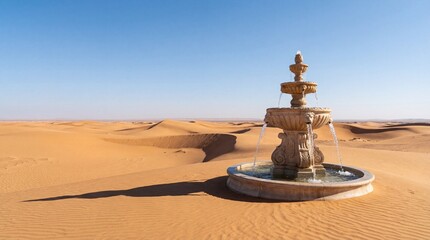 Obraz premium Decorative stone fountain with flowing water in circular basin, set amid vast golden desert dunes under clear blue sky. Striking contrast of life and arid landscape.