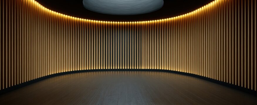 trendy open space featuring a curved nook with soft LED glow and vertical wood panels - 3d visualization