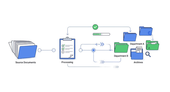 Workflow diagram illustrating document processing and departmental distribution.