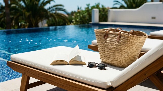 Straw bag and book resting on sunbed by luxury resort swimming pool.