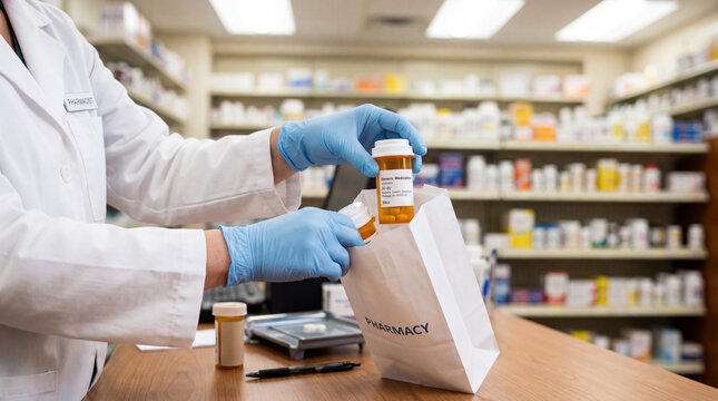 Pharmacist handing medicine bag to customer at counter
