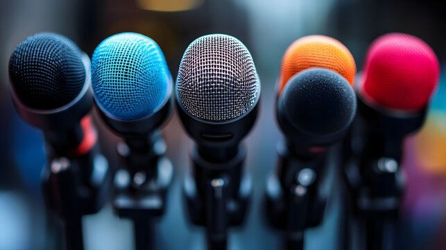 Different colored microphones arranged in a row for a live event or performance in a studio setting