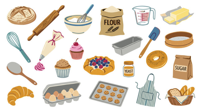 Baking supplies and ingredients for homemade bread pastries and desserts flat lay illustration