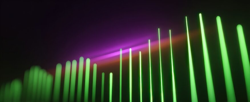 Electric green neon lines pulsate in a vivid cyberpunk sound equalizer with vibrant depth.
