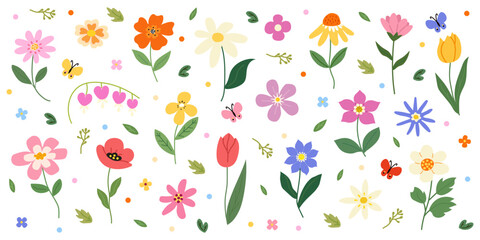 Colorful spring flowers collection in flat style. Cute floral elements, leaves and butterflies isolated on light background. Perfect for design, stickers, patterns, cards and seasonal decorations. © Alina Pear