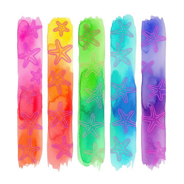 Five vertical rectangular watercolor stripes featuring a repeating pattern of small pink stars
