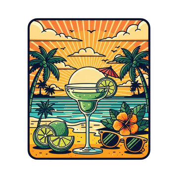 Pixel art illustration of a refreshing cocktail on a sunny beach with palm trees and sunset sky