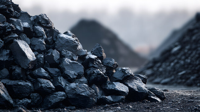 Coal and rock piles in open mining area under dramatic sky