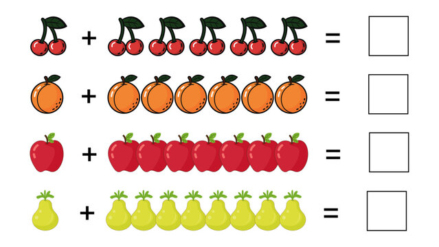 Educational fruit addition math worksheet for kids, Visual counting and math exercise with colorful fruits, Kindergarten mathematics addition puzzle activity, Printable fruit counting worksheet for el