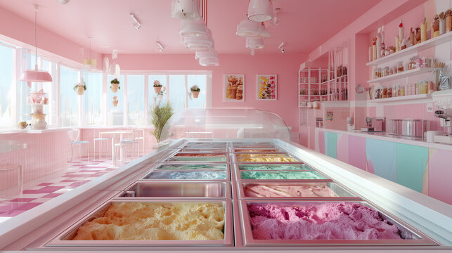 A modern ice cream shop inside a supermarket with stylish interior design furniture and cozy indoor seating area