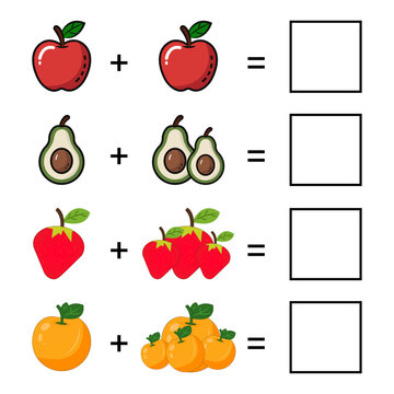 Fruit addition math worksheet for kids, Visual counting exercise with colorful fruits, Elementary mathematics addition puzzle for children, Educational fruit counting and math activity vector