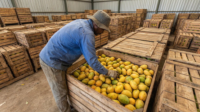 Worker sorting ripe mangoes in wooden crates from top view, showcasing harvest, quality control, fresh tropical fruit supply chain, agriculture industry and food distribution in natural warehouse sett