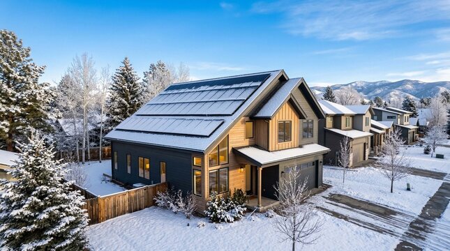 Modern suburban house with sleek black solar panels on roof, winter morning, light snow on panels, bright blue sky, realistic photography 