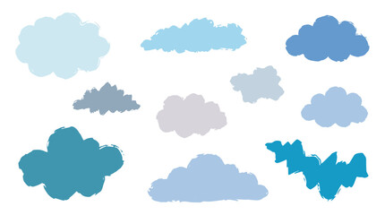 Fototapeta premium Collection of stylized blue and gray clouds on a white background, hand-drawn style, representing weather and sky elements.
