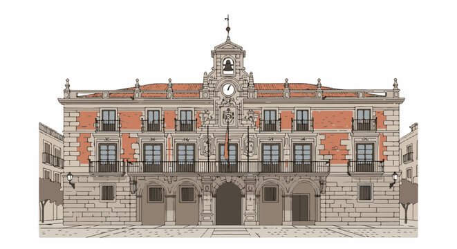 Ornate historical building with balconies, a clock, and a bell tower