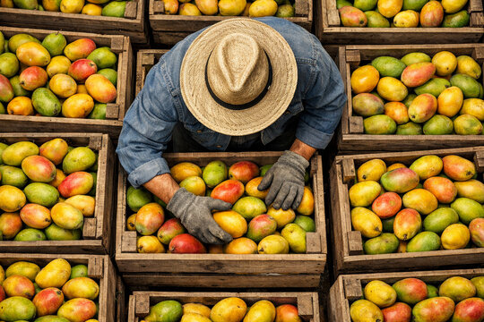 Worker sorting ripe mangoes in wooden crates from top view, showcasing harvest, quality control, fresh tropical fruit supply chain, agriculture industry and food distribution in natural warehouse sett