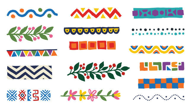 Colorful Decorative Borders and Ribbons with Geometric and Floral Patterns