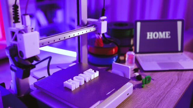 A 3D printer is actively creating the word HOME in white plastic filament, with spools of filament and a laptop displaying the same word in the background