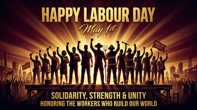 A powerful banner declares 'Happy Labour Day May 1st' above silhouetted workers holding tools, symbolizing solidarity, strength, and unity with a dramatic backdrop.