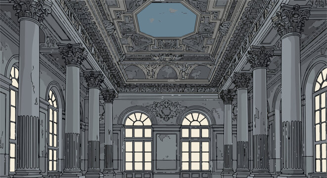 Ornate, grand interior with tall fluted columns and decorative ceiling