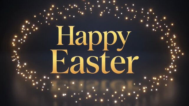 Golden happy easter text with sparkling lights on dark background for holiday greeting or celebration decoration
