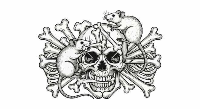 Two rats interact with a skull and crossbones
