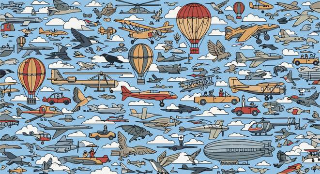 Pixelated cartoon sky filled with diverse aircraft and birds in flight