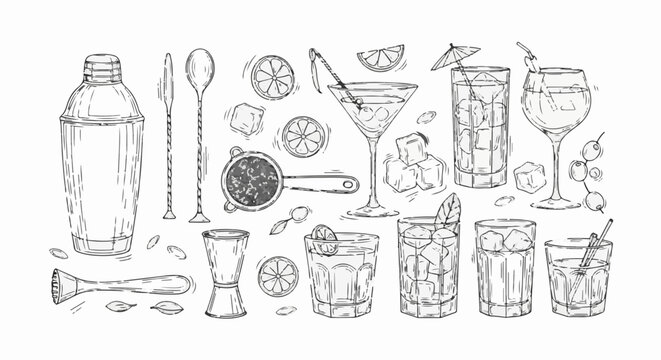 Sketch of bar tools and refreshing beverages with ice and garnishes
