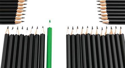 Fototapeta premium Creative Leadership Concept with Green Pencil Standing Out Among Black Pencils for Business Innovation, Team Strategy, and Unique Idea Illustration