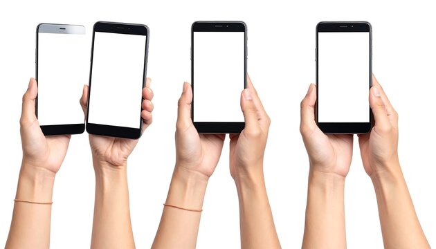 A images of four hands each holding a smartphone with blank screens