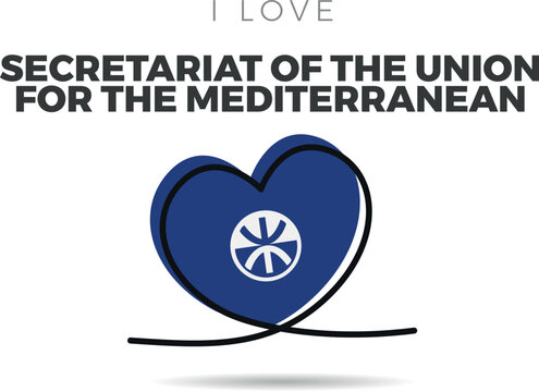 Flag of Secretariat Of The Union For The Mediterranean. Heart-shaped with a black outline silhouette