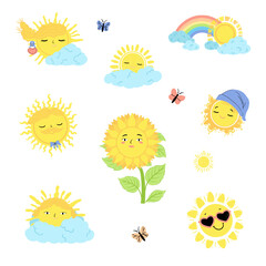 Obraz premium A cute collection of smiling suns and clouds, rainbows, and a sunny sunflower, all in vector format on a white background. Suitable for weather apps, summer and children's themes, travel, and seasonal