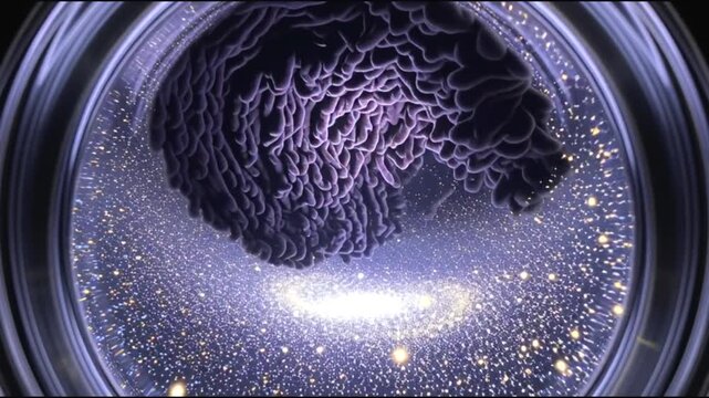 Abstract representation of a galaxy and a cosmic nebula within a circular frame, evoking a sense of wonder and the vastness of space.