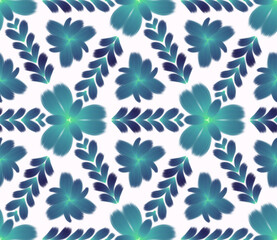 Fototapeta premium Abstract Seamless Floral Pattern with Teal and Dark Blue Painted Flowers on white