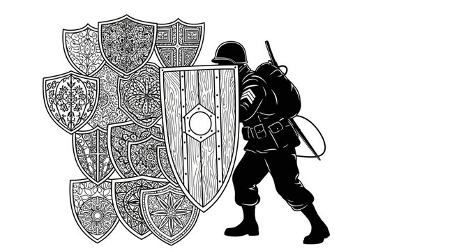 Soldier with Shield Wall, Military Defense, Protection, Strategy, Historical Combat