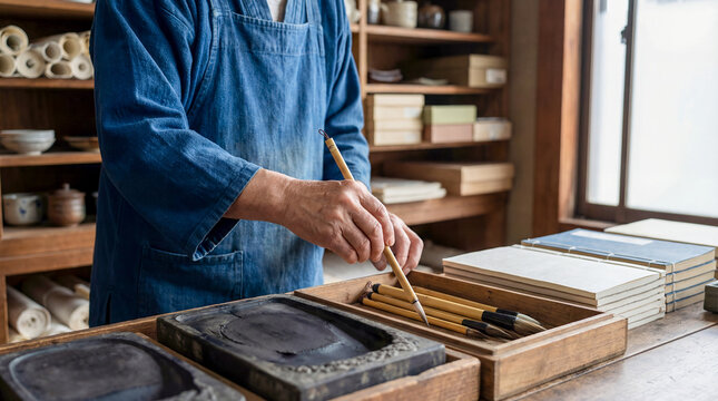 calligraphy brushes inkstone paper artisan writing tools studio tradition presenting prepared brushes and paper in a calm workspace devoted to disciplined lettering and refined cultural practice