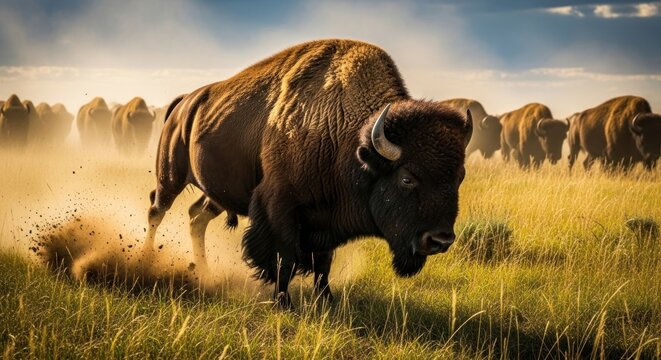 Majestic bison charging across sunlit grassland