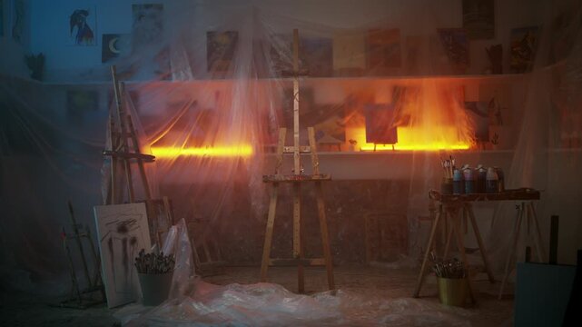 Creative Workshop Studio By Vibrant Neon Lights And Filled With Artistic Clutter