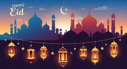 Fototapeta premium Eid Mubarak celebration with illuminated mosque silhouette and festive lanterns at dusk