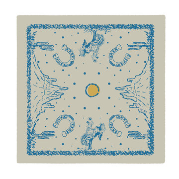 Blue ink sketch of cowboy motifs on cream background. Horseshoes and figures ride wild horses with stars. Yellow sun glows at center of dotted sky. Vintage style evokes Western adventure and freedom