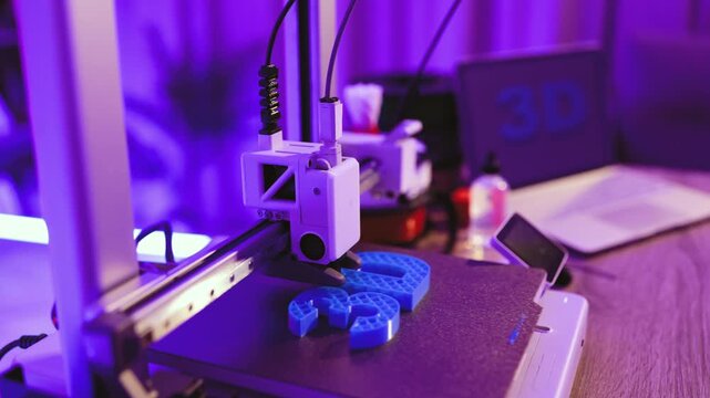 A 3D printer is actively creating blue plastic numbers on its build plate, illuminated by purple lighting