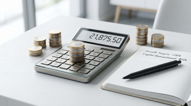 Calculator with coin stack and notepad on office table. Financial planning and business accounting concept. Managing budget, savings, investment strategy and economic analysis success.