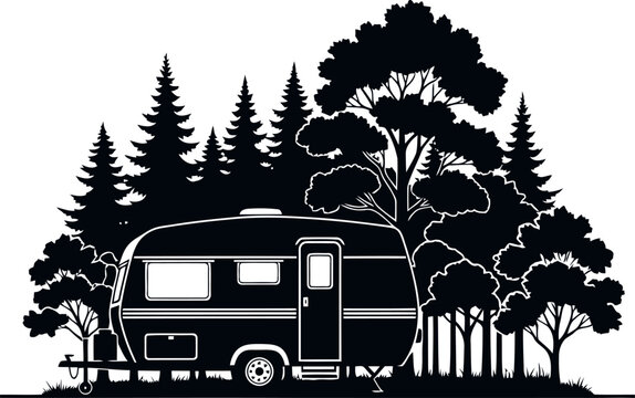 Camping scene featuring vintage style camper van in forest setting