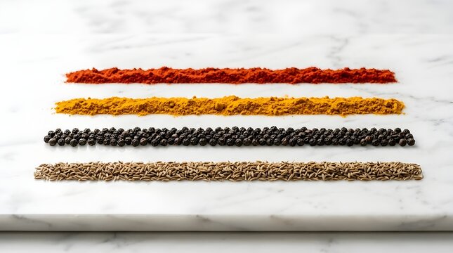 Four parallel rows of vibrant spices: paprika, turmeric, black peppercorns, and cumin seeds on a white marble background.