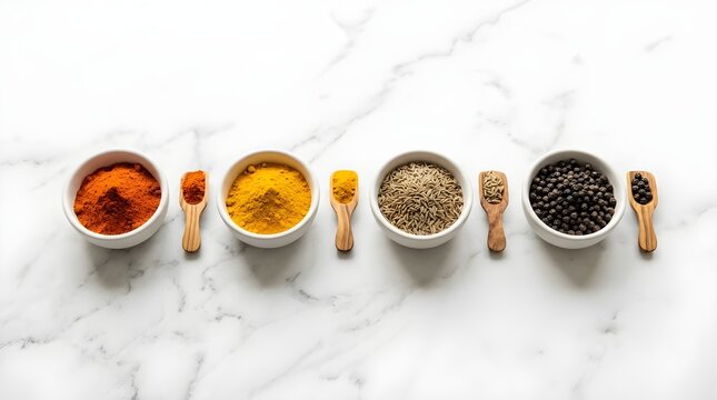 Four white bowls with wooden scoops filled with colorful spices: chili powder, turmeric, cumin seeds, and black peppercorns, arranged in a row on a white marble background. Top view, copy space.