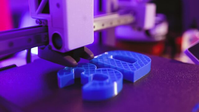 A 3D printer nozzle deposits blue filament layer by layer to create intricate objects on a textured build plate under purple lighting
