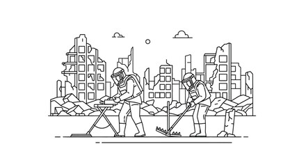 Obraz premium Disaster recovery team searching ruins with metal detector and rake after city destruction