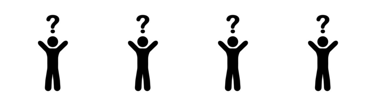 four anonymous silhouettes with question marks representing uncertainty and decision making